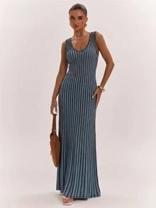 SHEIN BAE French Vacation Style Colorblock Striped Knit Dress,Concert Outfit For Women - Blue - View 6