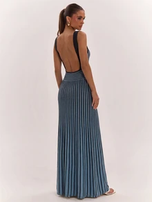 SHEIN BAE French Vacation Style Colorblock Striped Knit Dress,Concert Outfit For Women - Blue - View 1