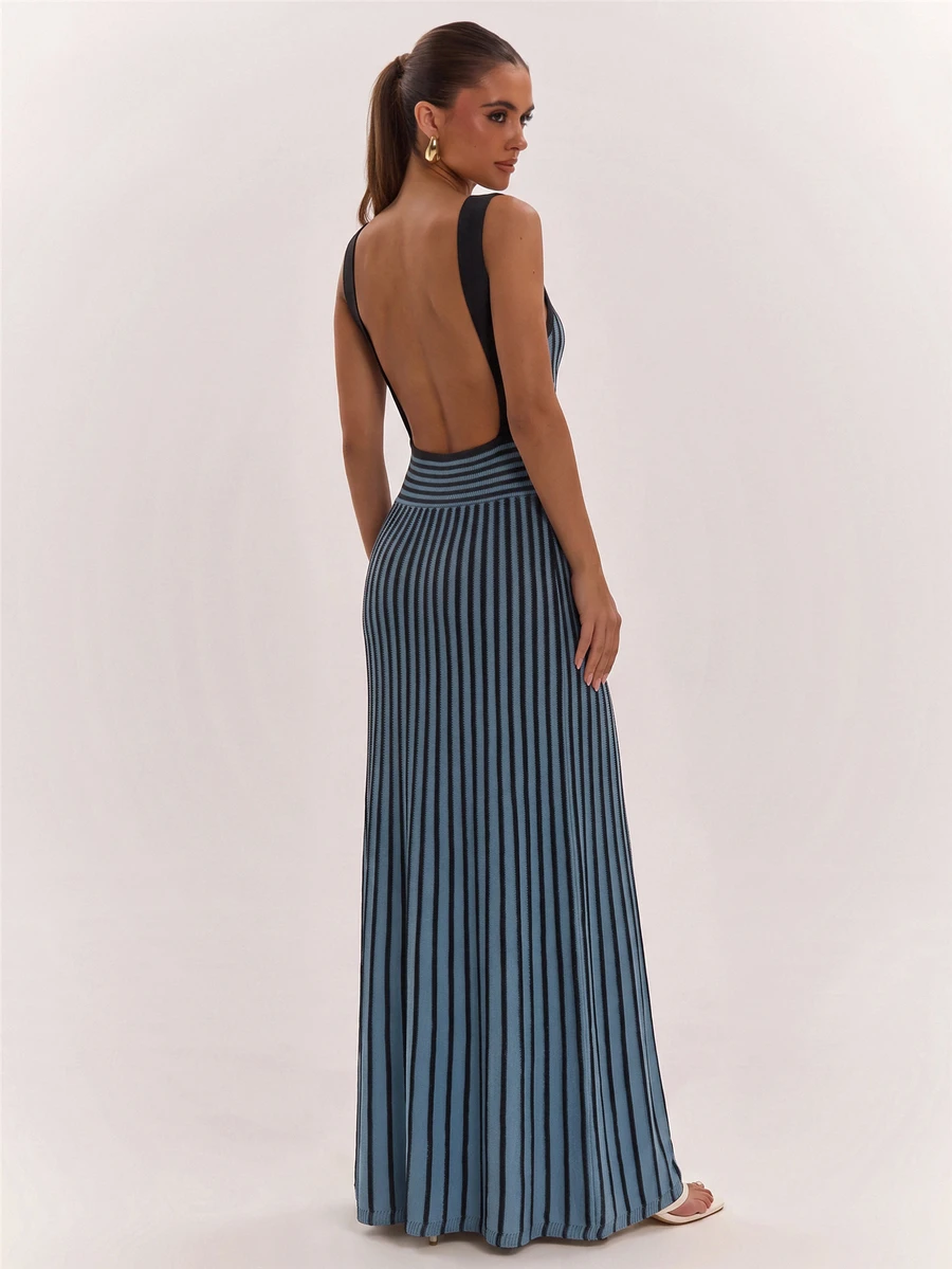SHEIN BAE French Vacation Style Colorblock Striped Knit Dress,Concert Outfit For Women - Blue - View 1