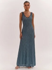 SHEIN BAE French Vacation Style Colorblock Striped Knit Dress,Concert Outfit For Women - Blue - View 5