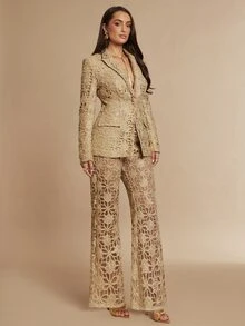 Silquee 女款純色鏤空休閒百搭西裝長褲，新年金色亮面女裝工作褲，聖誕節亮面長褲 - 金色 - 查看 7