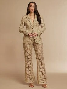 Silquee 女款純色鏤空休閒百搭西裝長褲，新年金色亮面女裝工作褲，聖誕節亮面長褲 - 金色 - 查看 6