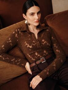 Anewsta Coffee Brown Autumn/Winter Lapel Lace Semi-Sheer Hollow-Out Slim Fit Long Sleeve Blouse For Women, Suitable For Commuting, Dating, Party And Daily Wear - Brown - View 3