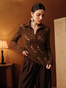 Anewsta Coffee Brown Autumn/Winter Lapel Lace Semi-Sheer Hollow-Out Slim Fit Long Sleeve Blouse For Women, Suitable For Commuting, Dating, Party And Daily Wear - Brown - View 5