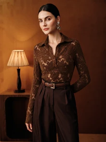 Anewsta Coffee Brown Autumn/Winter Lapel Lace Semi-Sheer Hollow-Out Slim Fit Long Sleeve Blouse For Women, Suitable For Commuting, Dating, Party And Daily Wear - Brown - View 4