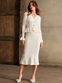 Anewsta Beige Elegant Ruffle Trim Knitted Dress For Women - Apricot - View 7