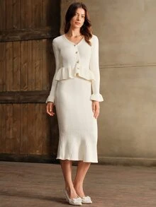 Anewsta Beige Elegant Ruffle Trim Knitted Dress For Women - Apricot - View 4