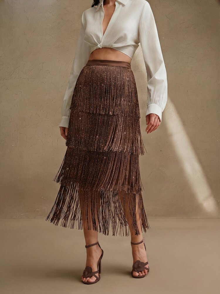 Anewsta Women's New Spring/Summer Beige Layered Tassel Elegant Midi Skirt, Flattering, Elegant, Formal, Party, Chic, Work, Graduation, Wedding - Coffee Brown - View 5