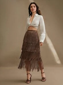 Anewsta 女款春夏新款米色層次流蘇優雅中長裙，修身顯瘦，適用正式場合、派對、時尚通勤、畢業典禮、婚禮 - 咖啡棕 - 查看 4