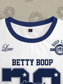 Betty Boop x SHEIN Women's Street Cartoon Print Striped Short Sleeve Fitted T-Shirt - White - View 5