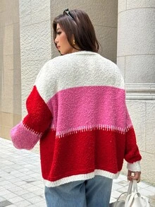 Easura Plus Size Colorblock Patchwork Loose V-Neck Slimming Flattering Versatile Outerwear Sweater Top - Multicolor - View 2