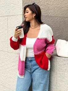 Easura Plus Size Colorblock Patchwork Loose V-Neck Slimming Flattering Versatile Outerwear Sweater Top - Multicolor - View 7