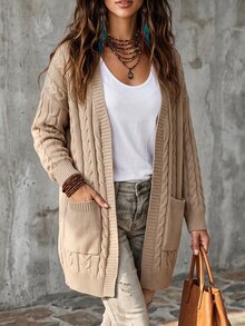 GlowEve CURVE Autumn/Winter Plus Size Loose Ribbed Long Sleeve Cardigan Solid Color Cable Knit Pocket Casual Cardigan - Khaki - View 9