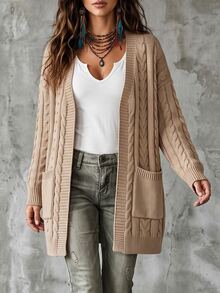 GlowEve CURVE Autumn/Winter Plus Size Loose Ribbed Long Sleeve Cardigan Solid Color Cable Knit Pocket Casual Cardigan - Khaki - View 1