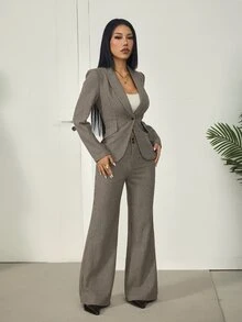 SHEIN PETITE Women's Houndstooth Blazer + Trousers, Perfect For Summer/ Commuting Office Business Brown Plaid Casual - Khaki - View 7
