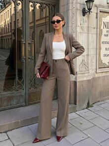 SHEIN PETITE Women's Houndstooth Blazer + Trousers, Perfect For Summer/ Commuting Office Business Brown Plaid Casual - Khaki - View 13