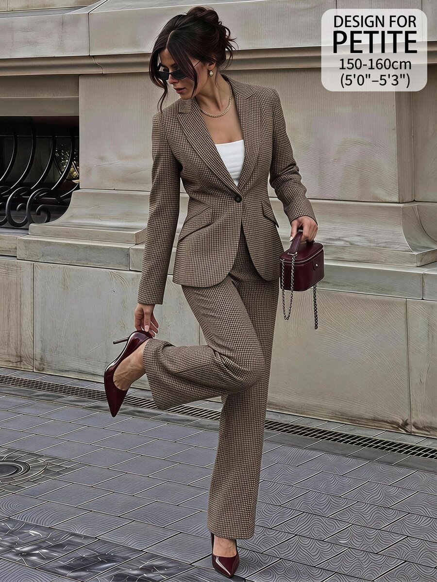 SHEIN PETITE Women's Houndstooth Blazer + Trousers, Perfect For Summer/ Commuting Office Business Brown Plaid Casual - Khaki - View 1