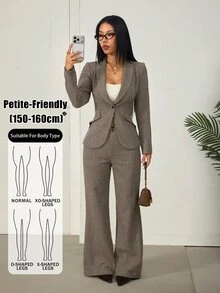 SHEIN PETITE Women's Houndstooth Blazer + Trousers, Perfect For Summer/ Commuting Office Business Brown Plaid Casual - Khaki - View 12