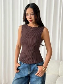 SHEIN PETITE Blazer Bergaris Cokelat Bergaya untuk Wanita Bertubuh Mungil – Cocok untuk Bepergian dan Pakaian Kerja. - Coklat - View 7