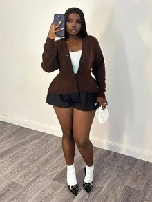 Selianne Cardigan Rajut Lengan Panjang Leher V Desain Vintage Chic, Melangsingkan Pinggang, Musim Gugur/Dingin - Coklat - View 3