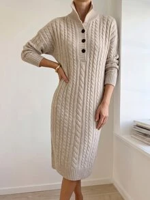 Omancia Women's Semi-High Neck Henley Button Cable Knit Loose Straight Mid-Length Casual Lazy European And American Style Dress - Khaki - View 6
