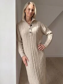 Omancia Women's Semi-High Neck Henley Button Cable Knit Loose Straight Mid-Length Casual Lazy European And American Style Dress - Khaki - View 5