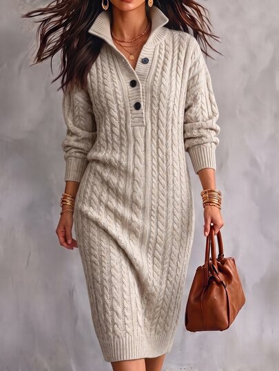Omancia Women's Semi-High Neck Henley Button Cable Knit Loose Straight Mid-Length Casual Lazy European And American Style Dress