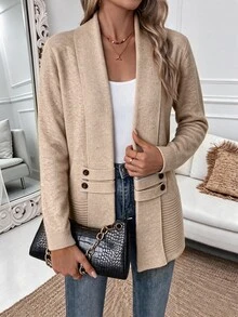 Louniche Cardigan Rajut Wanita Elegan Kasual Intelektual Leher V Simetris Pinggang Terikat Cocok untuk Makan Siang Kantor Khaki Musim Gugur Musim Dingin Festival Modern Vintage - Khaki - View 4