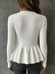 LUMIGAL Women's Solid Color Long Sleeve Single-Breasted Ruffle Hem Knit Cardigan - White - View 2