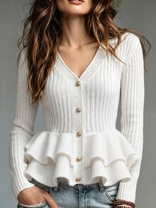 LUMIGAL Women's Solid Color Long Sleeve Single-Breasted Ruffle Hem Knit Cardigan - White - View 3
