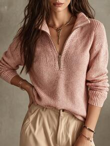 LUMIGAL Women's Sweet Fashion Zipper Half-Placket Long Sleeve Sweater - Pink - View 6