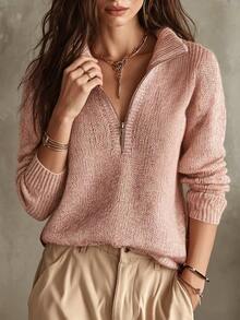LUMIGAL Women's Sweet Fashion Zipper Half-Placket Long Sleeve Sweater - Pink - View 5