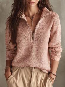 LUMIGAL Women's Sweet Fashion Zipper Half-Placket Long Sleeve Sweater - Pink - View 4