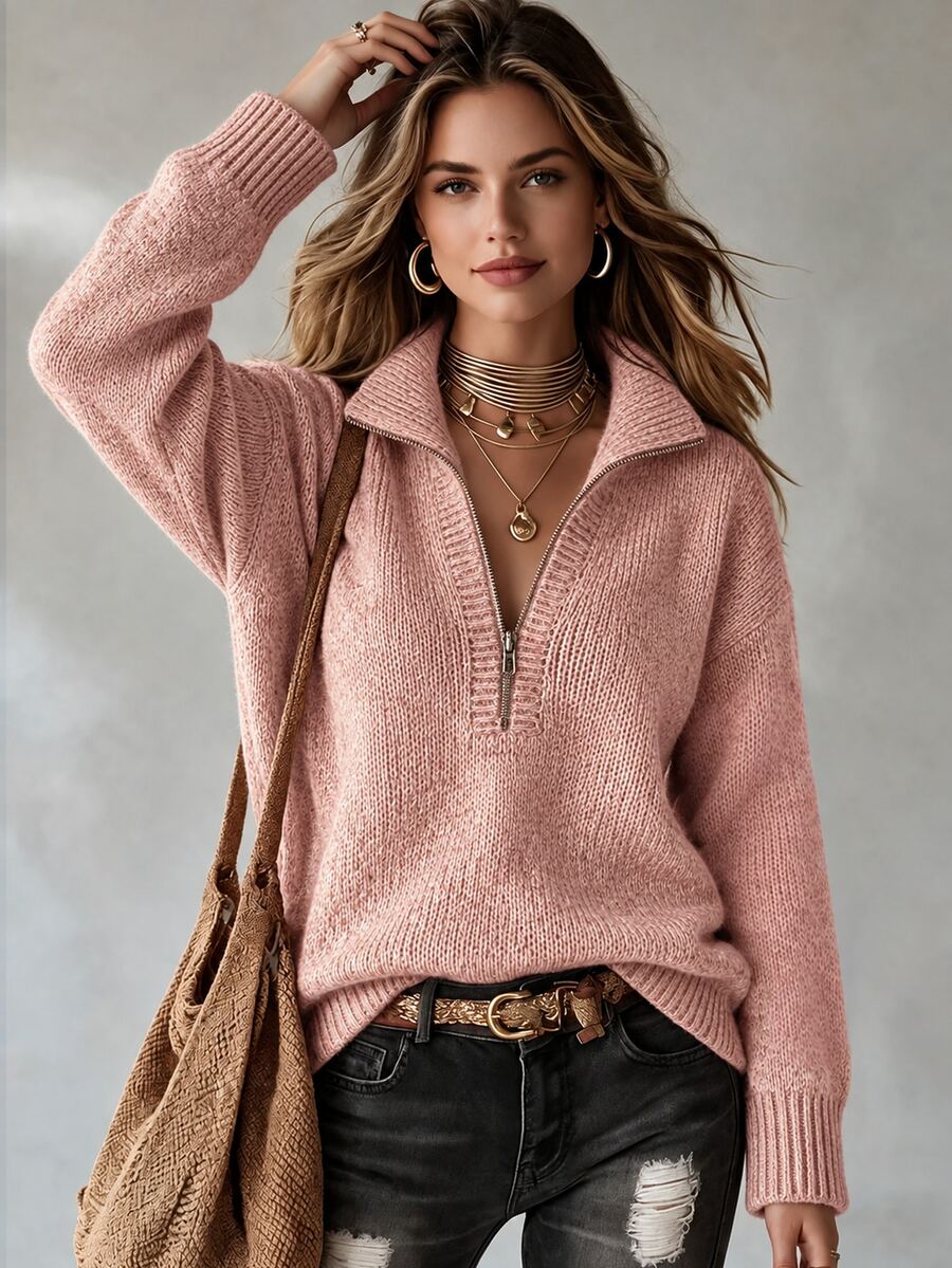 LUMIGAL Women's Sweet Fashion Zipper Half-Placket Long Sleeve Sweater