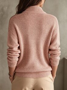 LUMIGAL Women's Sweet Fashion Zipper Half-Placket Long Sleeve Sweater - Pink - View 3