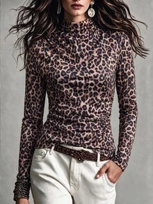 SHEIN Women's Leopard Print Mock Neck Ruched Long Sleeve Tee, Slim Fitted Top For Spring Fall Street Date Going Out Night Out Beige Sexy - Brown - View 7