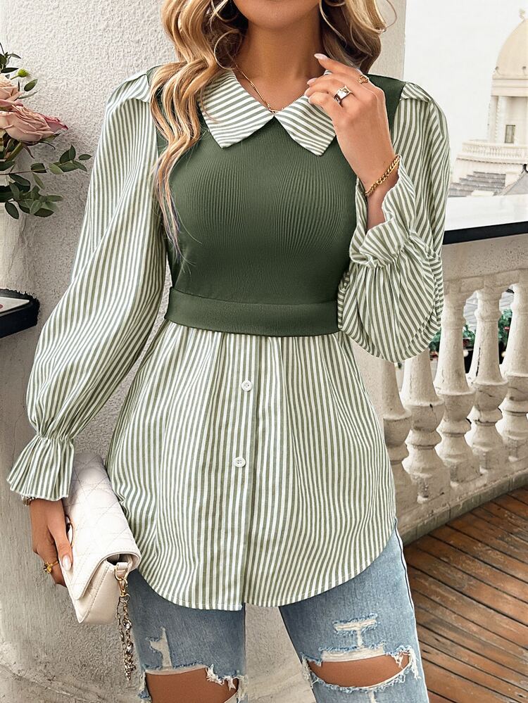 SHEIN Women's Striped Print Simple Daily Long Sleeve Top Fall Cloth For Women - Army Green - View 1
