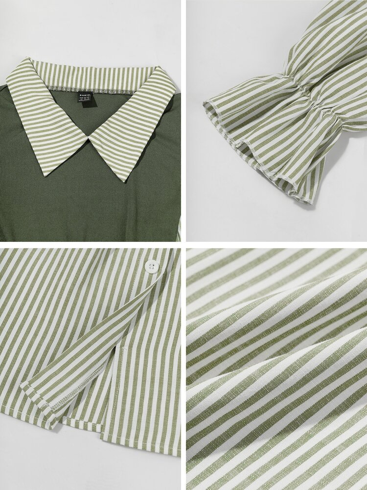 SHEIN Women's Striped Print Simple Daily Long Sleeve Top Fall Cloth For Women - Army Green - View 9