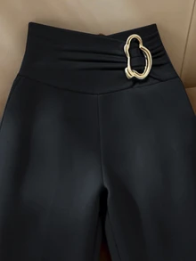 Franclia 女士休闲纯色金属扣装饰修身性感打底裤，适合日常穿着、时尚搭配、通勤、春秋季节穿着。 - 藍色 - 查看 3