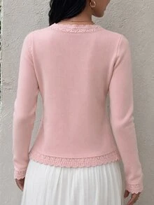 SHEIN Pesta Musim Gugur/Musim Dingin, Acara Pulang Kampung, Hari Nasional Saudi, Pesta Tahun Baru, Pernikahan, Ulang Tahun, Wisuda, Acara Sipil, Sosial, Elegan, Formal, Chic, Kemeja Kancing, Kardigan Rajut Merah Muda - Berwarna merah muda - View 3
