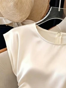 Franclia 女士优雅圆领收腰褶皱短袖百搭纯色浅桃色衬衫 - 杏色 - 查看 6