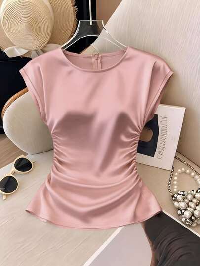 Franclia Women's Elegant Round Neck Cinched Waist Fitted Pleated Short Sleeve Versatile Solid Light Peach Blouse