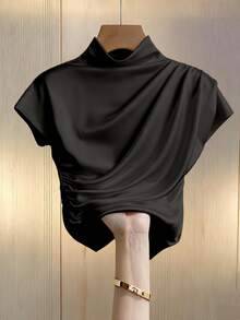 Franclia Casual Versatile Solid Color Pleated Fitted Short Sleeve White T-Shirt For Women - Black - View 4