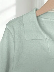 Franclia Women's Simple Solid Color Turndown Collar Short Sleeve Casual Fitted Knit Top, Versatile For Spring/Summer - Green - View 5