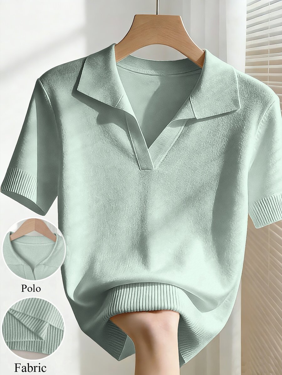 Franclia Women's Simple Solid Color Turndown Collar Short Sleeve Casual Fitted Knit Top, Versatile For Spring/Summer - Green - View 1
