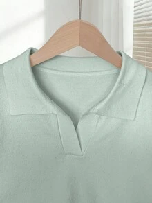 Franclia Women's Simple Solid Color Turndown Collar Short Sleeve Casual Fitted Knit Top, Versatile For Spring/Summer - Green - View 4