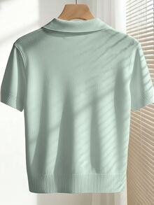 Franclia Women's Simple Solid Color Turndown Collar Short Sleeve Casual Fitted Knit Top, Versatile For Spring/Summer - Green - View 2