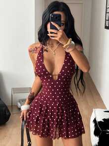 Coolane Women's Summer Comfortable Stretchy Vintage Sexy Elegant Burgundy Polka Dot Deep V-Neck Halter Backless Ruffle Mini Dress - Burgundy - View 5