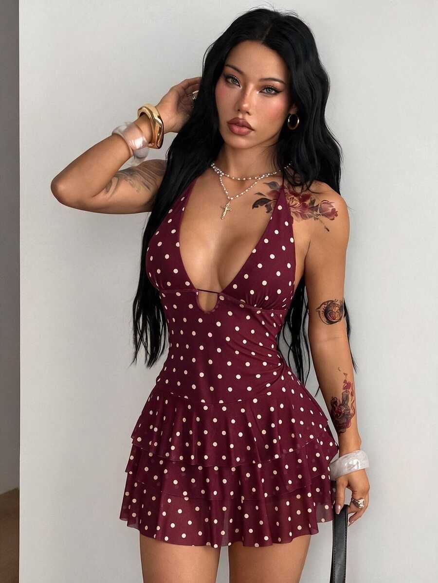 Coolane Women's Summer Comfortable Stretchy Vintage Sexy Elegant Burgundy Polka Dot Deep V-Neck Halter Backless Ruffle Mini Dress - Burgundy - View 1
