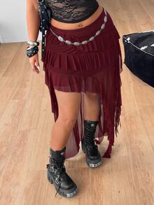 Coolane Women's Plus Size Summer Fall Goth Y2K Going Out Concert Vacation Boho Elegant Breathable Mesh Asymmetrical Ruffled Hem Burgundy Skirt Halloween - Burgundy - View 3